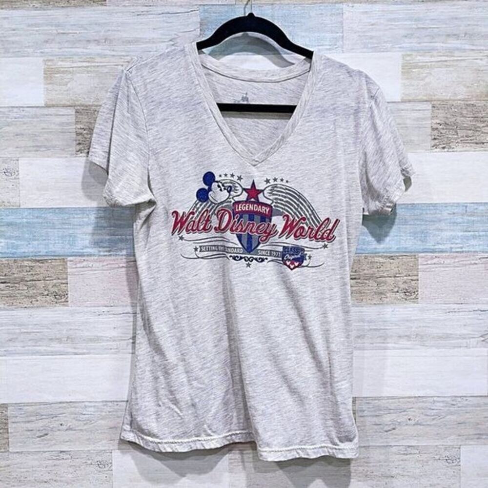 WALT DISNEY WORLD V Neck Graphic Tee Gray Mickey Mouse CottonWomens Large